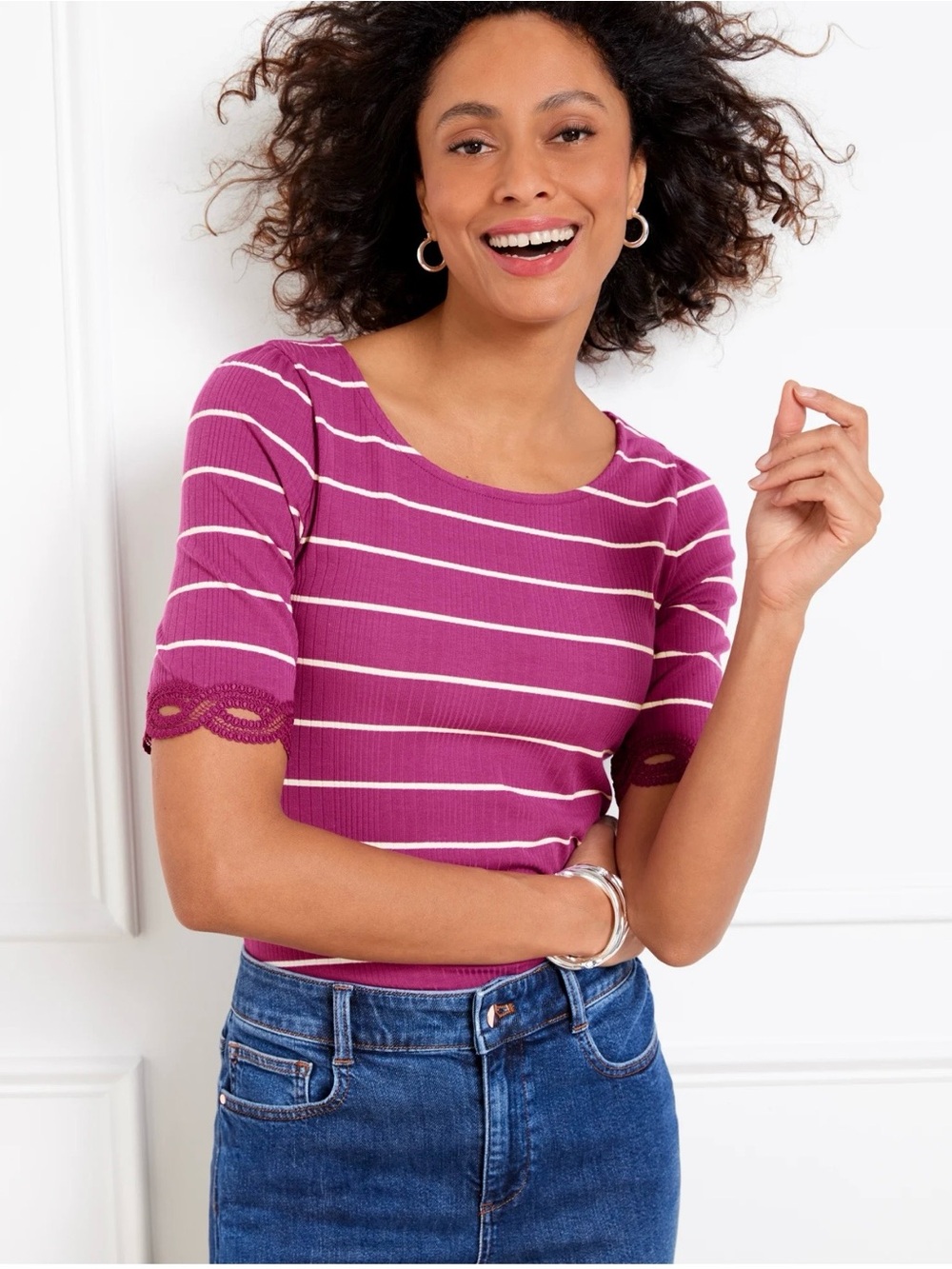 Talbots Magenta Striped Scoop-Neck Top with Lace Trim- Petite M